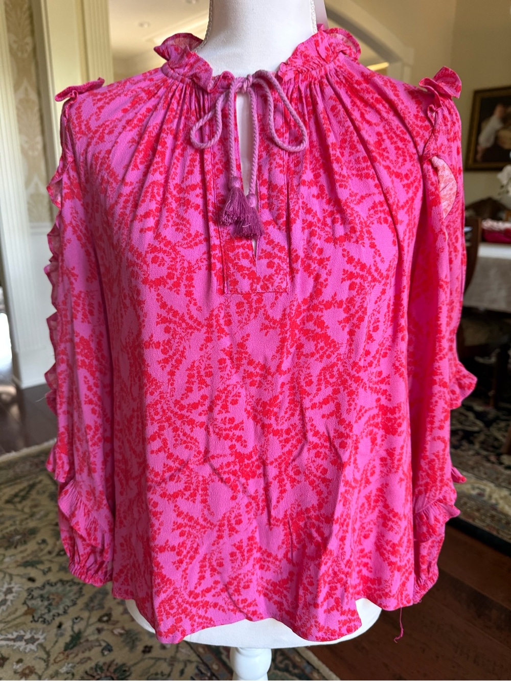 Karlie Hot Pink Patterned Ruffle Tie-Neck Blouse